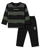 Doreme Terry Knit Full Sleeves Striped & Text Printed T-Shirt & Pant Set - Black & Green