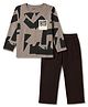 Doreme Terry Knit Full Sleeves Abstract Printed T-Shirt & Pant Set With Patch - Brown