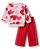 Bonfino Cotton Mix Knit Full Sleeves Winter Wear Suit With Heart Print- Pink