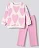 Bonfino Cotton Fleece Knit Full Sleeves Oversized Sweatshirt and Pant Set with Heart Print - Off White & Pink