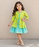 The Magic Wand Cambric Woven Three Fourth Sleeves Lace Embellished Dress With Floral Printed Shrug - Turquoise