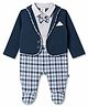 Mini Taurus Knit Full Sleeves Checkered Footed Party Romper with Jacket & Attached Bow - Blue