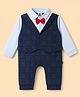 Mini Taurus Knit Full Sleeves Printed Party Romper With Bow Applique - Navy Blue