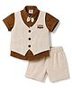Mini Taurus Cotton Knit Half Sleeves Embroidered 3 Piece Party Suit with Attached Bow Applique - Brown