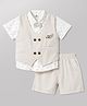 Mini Taurus Cotton Woven Half Sleeves 3 Piece Party Suit with Attached Bow Applique & Embroidery - Beige