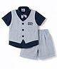 Mini Taurus Cotton Knit Half Sleeves Embroidered 3 Piece Party Suit with Attached Bow Applique - Navy