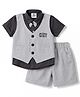 Mini Taurus Cotton Knit Half Sleeves Embroidered 3 Piece Party Suit with Attached Bow Applique - Charcoal Grey