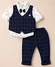 Mini Taurus Cotton Knit Full Sleeves Checked 3 Piece Party Suit with Attached Bow & Applique -Navy Blue