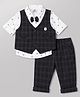 Mini Taurus Cotton Knit Full Sleeves Checked 3 Piece Party Suit with Attached Bow & Applique -Dark Brown