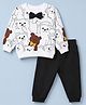 Doodle Poodle 100% Cotton Looper Terry Knit Light Weight Full Sleeves T-Shirt & Lounge Pant Set with Bear Print & Bow Applique - White