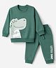 Doodle Poodle 100% Cotton Looper Terry Knit Light Weight Full Sleeves Winter Wear Suit With Dinosaur & Text Print - Dark Green