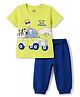 Doodle Poodle Single Jersey Knit  Half Sleeves T-Shirt & Joggers With Animal Print - Limegreen