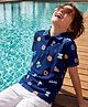 Pine Kids Cotton Knit Half Sleeves Polo T-Shirt with Beach Theme Print - Navy Blue