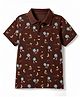 Pine Kids Cotton Knit Half Sleeves Polo T-Shirt with Tropical Theme Print - Brown