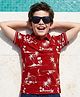 Pine Kids Cotton Knit Half Sleeves Polo T-Shirt with Tropical Theme Print - Red