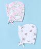 Babyhug 100% Cotton Interlock Knit Caps With Animal & Floral Print Pack of 2 White - Diameter 15.5 cm