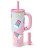 House of Quirk 1200ml Stainless Steel Tumbler with Handle, Straw & Straw Cap Leakproof Water Bottle Large Capacity Travel Mug - Berry Ice