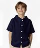 The Kids Club Cotton Woven Half Sleeves Textured Hooded Shirt - Navy Blue