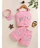 NUTTY BUTTY Cotton Blend Knit Sleeveless Teddy Bear Printed Top & Shorts Set With Cap - Pink