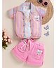 NUTTY BUTTY Cotton Blend Knit Half Sleeves Striped Jacket & Shorts With Tee Set - Pink