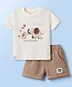 Ollypop Sinker Knit Half Sleeves Striped T-Shirt With Elephant Print & Shorts Set - Beige