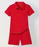 Spunkies Cotton Lycra Woven Half Sleeves Solid Polo Tee & Shorts Set - Red