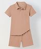 Spunkies Cotton Lycra Woven Half Sleeves Solid Polo Tee & Shorts Set - Sand