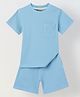 Spunkies Cotton Lycra Woven Half Sleeves Solid Tee & Shorts Set - Light Blue