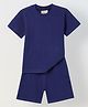 Spunkies Cotton Lycra Woven Half Sleeves Solid Tee & Shorts Set - Navy Blue