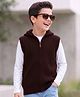 Pine Kids Knit Sleeveless Front Open Hooded Sweater - Brown