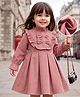 Mark & Mia Full Sleeves Textured Pleated Winter Frocks With Bow Applique & Frilled Detailing - Pink