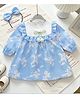 Mark & Mia Full Sleeves Dress and Headband with Floral Print & Bow Applique - Sky Blue