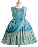 Enfance Silk Knit Sleeveless Banarasi Foil Printed & Embroidered Pattu Dress With Attached Dupatta - Turquoise