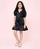 Piccolo Satin Woven Half Puffed Sleeves Floral Design Stone Embellished Dress - Black