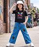 OLLINGTON ST.  Sinker Knit Half Sleeves Butterfly Printed Top With Denim Culottes - Black & Indigo