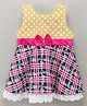 Enfance Core Cotton Woven Flared Dress Sleeveless Polka Dot Print Bodice Floral Chequered Schiffli Lace Hem With Bow Applique  -Dark Pink