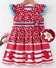 Enfance Core Knit Half Sleeves Floral & Polka Dots Printed Frock With Bow Applique - Red