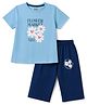 CUCUMBER Sinker Knit Half Sleeves T-Shirt and Capri Set With Floral Print -Blue