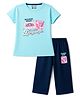 CUCUMBER Sinker Knit Half Sleeves Text Printed T-Shirt & Capri Set - Aqua & Navy Blue