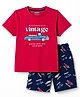 CUCUMBER Sinker Knit Half Sleeves Vehicles & Text Printed T-Shirt & Shorts Set - Red