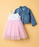 Babyhug Cotton Knit Frock with Full Sleeves Jacket Text Print - Pink