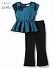 Arias Woven Half Sleeves Party Top & Flared Pant Set With Floral Applique - Teal Blue