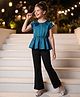 Arias Woven Half Sleeves Party Top & Flared Pant Set With Floral Applique - Teal Blue
