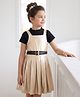 Arias Woven Half Sleeves Metallic Printed Pleated Frock With T-Shirt & Belt - Golden