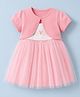Babyhug Cotton Knit Half Sleeves Frock with Shrug & Deer Floral Print - Pink