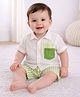 PURPLE UNITED KIDS Cotton Woven Placement Pocket Striped Shirt & Shorts Set - White & Light Green