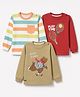 Mini Donuts Cotton Sinker Knit Full Sleeves Striped T-Shirts with Tennis and Bear Print Pack of 3 - Red Olive Green & Offwhite