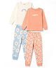 Primo Gino Cotton Knit Full Sleeves T-Shirt & Pyjama Night Suit With Floral Print Pack of 2 - White & Peach