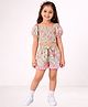 Lil' Drama Viscose Rayon Knit Half Puffed Sleeves Floral Printed Coordinating Top & Shorts Set - Green & Pink