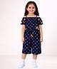 Lil' Drama Viscose Rayon Knit Half Sleeves Polka Dots Printed & Pom Pom Applique Detailed Jumpsuit - Navy Blue
